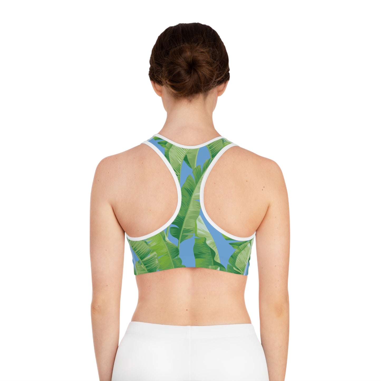 Banana Leaf on Blue Sports Bra