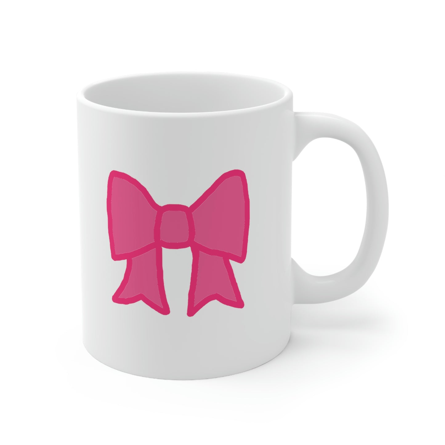 White coffee mug with pink bow illustration