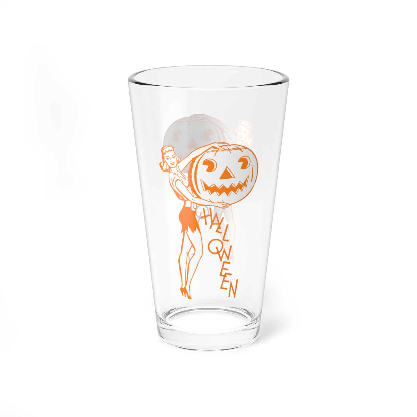 Orange Retro Lady with Pumpkin Halloween Drinking Glass