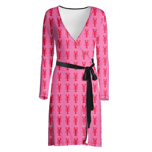 Lobster Print Wrap Dress in Pink