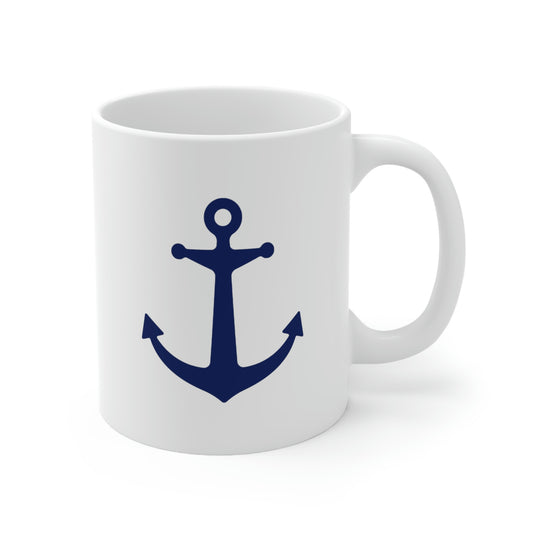 White coffee mug with navy blue anchor design